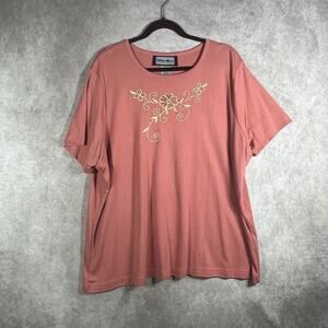 Indigo Moon Shirt Womens 3X Pink Embroidered Floral Short Sleeve Artsy Mature